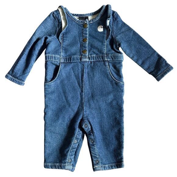 Girls Infant Carhartt Long-Sleeve Snap Leg Denim Coverall Ruffle Size 6 months - Picture 1 of 7